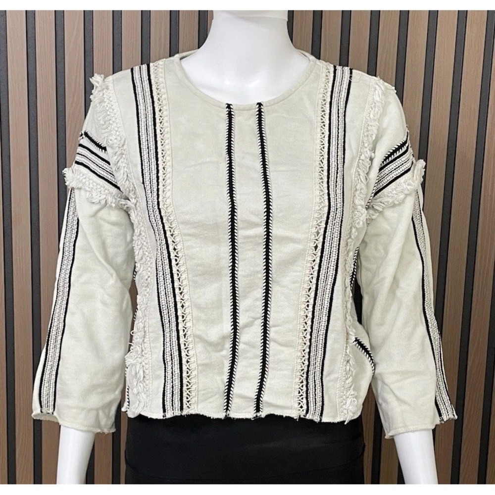 Moon River Anthropologie Boho Crop Blouse Top Women S‎ Cream Striped Knit Fringe